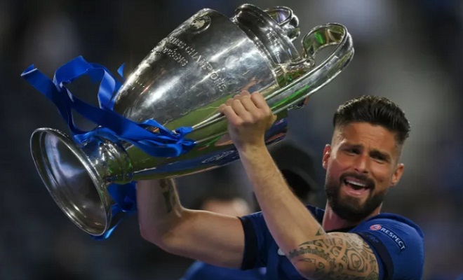 Olivier Giroud saat merayakan kemenangan Chelsea atas Manchester City di final Liga Champions di Estadio do Dragao, Porto, Portugal
